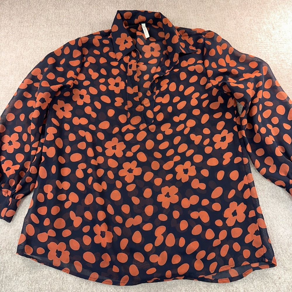 Teenflo Navy Blue Orange Floral Dot Sheer Chiffon V-Neck Blouse Long Sleeve Top